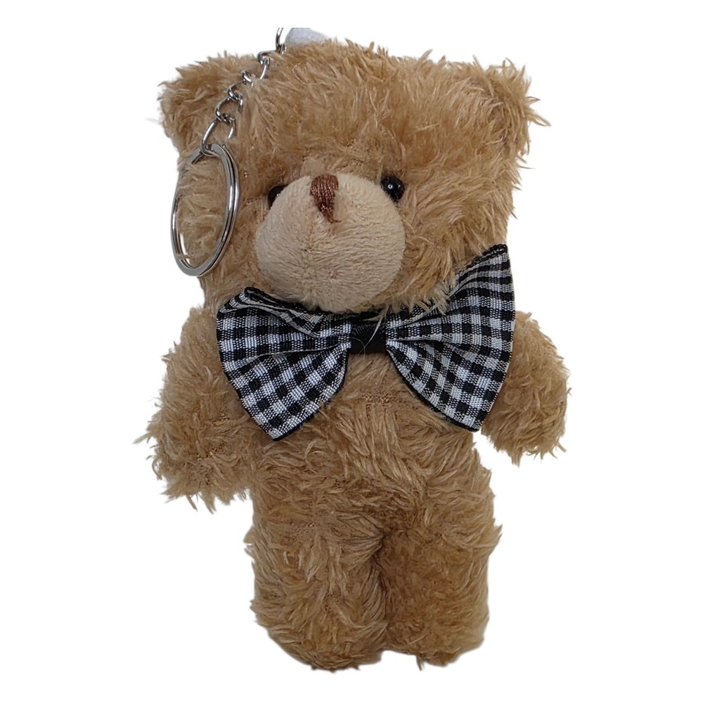 Teddy Bear Keychain Bag Charm Brown Plush Bear with Gingham Bow Tie 4.5 Inch